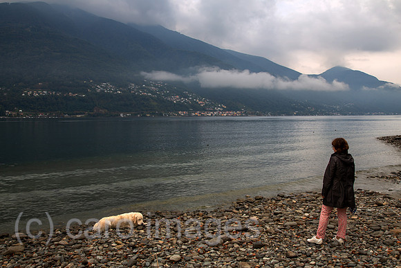 Schweiz, Ascona - Herbstliche Stimmung, Frau mit Hund, Morgendaemmerung am Lago Maggiore