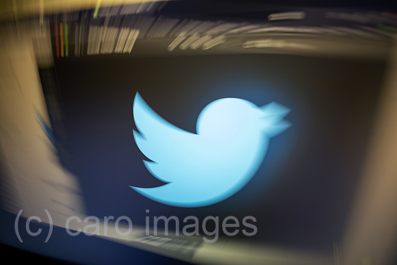 Deutschland, Bremen - Der blaue Vogel, das twitter-Logo auf einem Bildschirm, dynamisch verfremdet