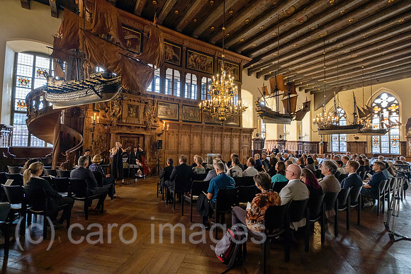 Deutschland, Bremen - Veranstaltung in der Oberen Halle des Bremer Rathauses (auf der UNESCO-Welterbeliste), anlaesslich der 15. Weltkorallenriffkonferenz (ICRS), Schiffsmodell 17. Jh.