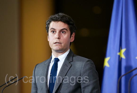 Berlin, Deutschland - Der franzoesische Premierminister Gabriel Attal bei der Pressekonferenz zu seinem Antrittsbesuch im Kanzleramt.