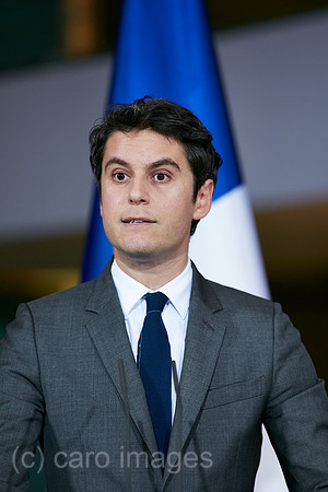 Berlin, Deutschland - Der franzoesische Premierminister Gabriel Attal bei der Pressekonferenz zu seinem Antrittsbesuch im Kanzleramt.