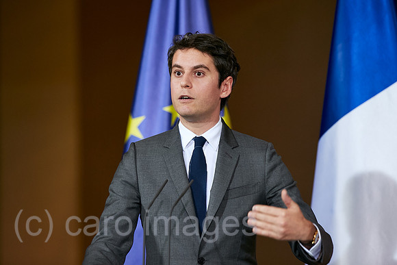 Berlin, Deutschland - Der franzoesische Premierminister Gabriel Attal bei der Pressekonferenz zu seinem Antrittsbesuch im Kanzleramt.