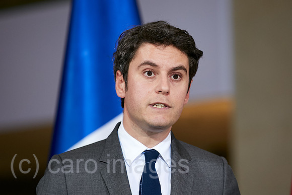 Berlin, Deutschland - Der franzoesische Premierminister Gabriel Attal bei der Pressekonferenz zu seinem Antrittsbesuch im Kanzleramt.
