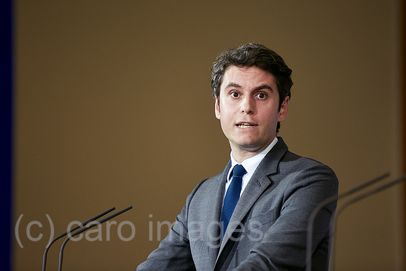 Berlin, Deutschland - Der franzoesische Premierminister Gabriel Attal bei der Pressekonferenz zu seinem Antrittsbesuch im Kanzleramt.