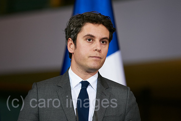 Berlin, Deutschland - Der franzoesische Premierminister Gabriel Attal bei der Pressekonferenz zu seinem Antrittsbesuch im Kanzleramt.
