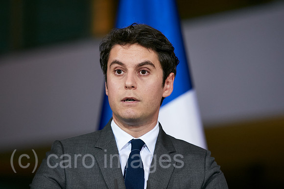 Berlin, Deutschland - Der franzoesische Premierminister Gabriel Attal bei der Pressekonferenz zu seinem Antrittsbesuch im Kanzleramt.