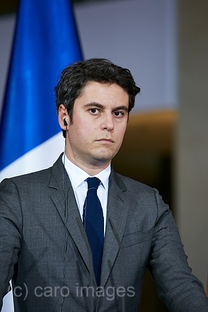 Berlin, Deutschland - Der franzoesische Premierminister Gabriel Attal bei der Pressekonferenz zu seinem Antrittsbesuch im Kanzleramt.