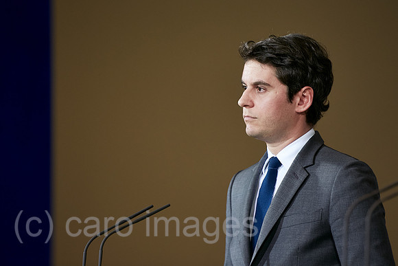 Berlin, Deutschland - Der franzoesische Premierminister Gabriel Attal bei der Pressekonferenz zu seinem Antrittsbesuch im Kanzleramt.