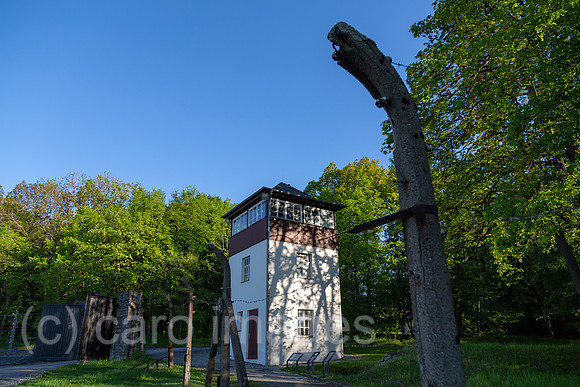 Deutschland, Weimar - Gedenkstaette Buchenwald (KZ-Gedenkstaette), Wachturm am damaligen Postenweg der SS entlang des Lagerzauns, Blick aus dem Inneren