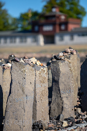 Deutschland, Weimar - Gedenkstaette Buchenwald (KZ-Gedenkstaette), Denkmal fuer die ermordeten Sinti und Roma, 18 Basalt-Stelen symbolisieren weitere KZs und Vernichtungslager (hinten Torgebauede)