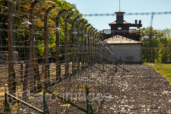 Deutschland, Weimar - Gedenkstaette Buchenwald (KZ-Gedenkstaette), Stacheldrahtzaun, der frueher elektrisch geladen war, hinten das Torgebaeude