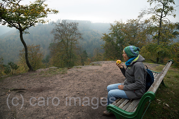 Frankreich, Wanderin bei einer Pause auf einer Bank im Regionaler Naturpark Nordvogesen, Elsass