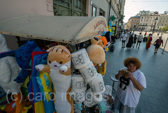 Ukraine, Lwiw - Verkauf von Souvenirs am Rynok, dem alten Marktplatz, dabei Klohpapier mit Putins Visage und einem deftigen Spruch