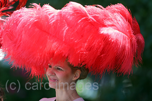 Royal Ascot, Fashion on Ladies Day, woman with hat at the racecourse