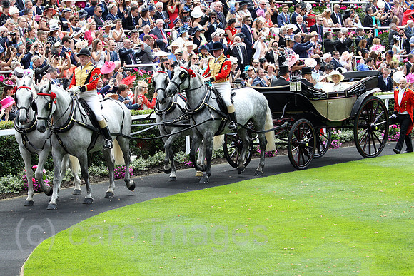 Royal Ascot, Royal Procession. Queen Elizabeth the Second arriving at the racecourse