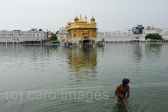 Amritsar, Indien, Glaeubiger Sikh badet im heiligen Becken am Goldenen Tempel
