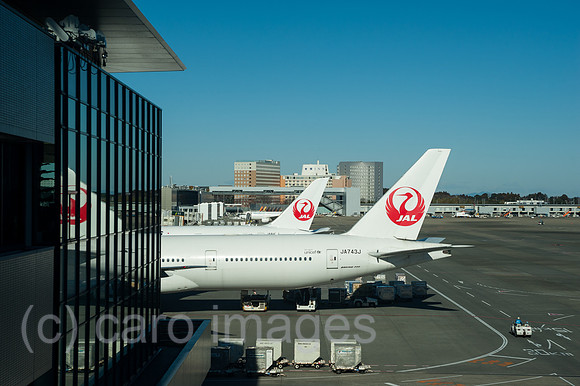 Tokio, Japan, Passagiermaschinen der Japan Airlines am Flughafen Narita