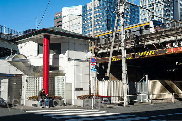 Tokio, Japan, Mann liest Zeitung vor einer oeffentlichen Toilette