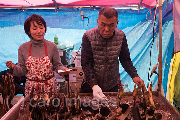 Tokio, Japan, Geroestete Fischspiesse