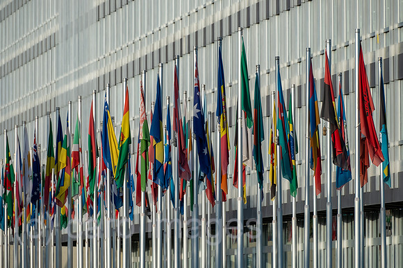 Schweiz, Genf - Sitz der WHO (World Health Organization), Sonderorganisation der UN, Flaggen der Mitgliedsstaaten