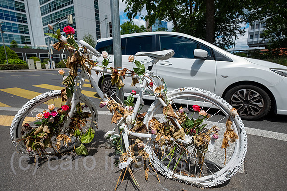 Schweiz, Genf - Mit Blumen und weiss angemaltes Fahrrad mahnt an einen im Stadtverkehr umgekommene Fahrradfahrerin (obwohl Maennerfahrrad waren Fotos einer Frau am Unfallort zu sehen)