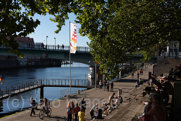 Deutschland, Bremen - Fahne mit speziellem Logo der Bremer Stadtmusikanten zum Tag der Deutschen Einheit 2026 in Bremen, Weserpromenade, Innenstadt