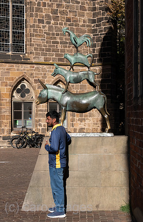 Deutschland, Bremen - Das bekannteste Wahrzeichen der Stadt, die Skulptur der Bremer Stadtmusikanten, Symbol der Freiheitsliebe und Unabhaengigkeit, sowie beliebtes Fotomotiv bei Touristen