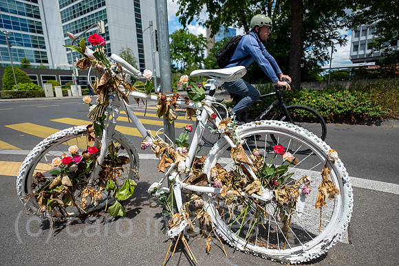 Schweiz, Genf - Mit Blumen und weiss angemaltes Fahrrad mahnt an einen im Stadtverkehr umgekommene Fahrradfahrerin (obwohl Maennerfahrrad waren Fotos einer Frau am Unfallort zu sehen)