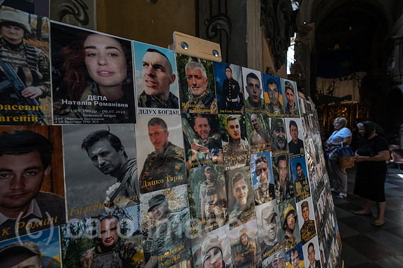 Ukraine, Lviv - Photos in memory of fallen Ukrainian soldiers at the Greek Catholic Garrison Church on Teatralna Street