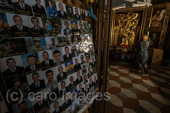Ukraine, Lviv - Photos in memory of fallen Ukrainian soldiers at the Greek Catholic Garrison Church on Teatralna Street