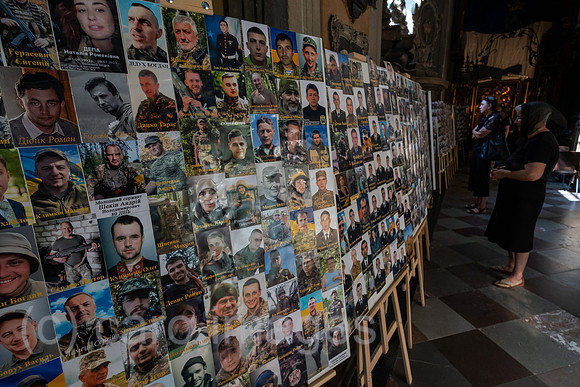 Ukraine, Lviv - Photos in memory of fallen Ukrainian soldiers at the Greek Catholic Garrison Church on Teatralna Street