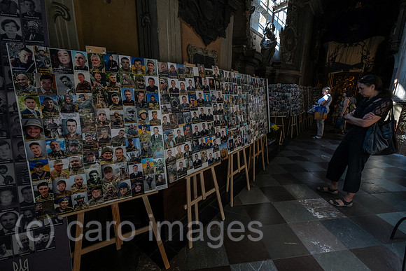 Ukraine, Lviv - Photos in memory of fallen Ukrainian soldiers in the Greek Catholic Garrison Church on Teatralna Street