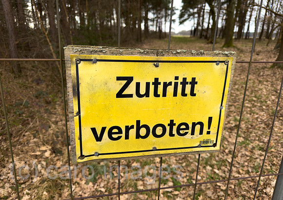 Deutschland, Heidenau - Schild Zutritt verboten an einem privaten Waldgrundstueck auf dem Land