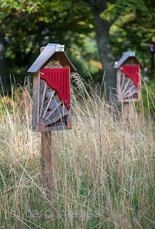 Berlin, Deutschland - Insektenhotel auf der Wiese einer Wohnsiedlung in Berlin-Mitte